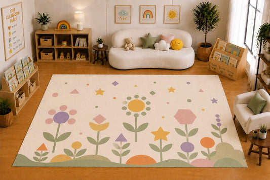 ICE ARMOR Large 6'7" x 9'10" Geometric Flower Garden Area Rug for for Kids Room, Classroom, Bedroom, Playroom Decor, Soft Low Pile Indoor Rug with Non-Slip Silicone Backing, Pastel Multicolor