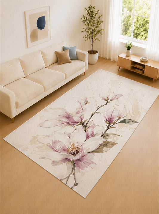 ICE ARMOR Large 6'7" x 9'10" Magnolia Pink and Ivory Blossom Branch Area Rug for Living Room, Soft Low Pile Carpet with Non-Slip Silicone Backing, Decor for Bedroom and Home Office