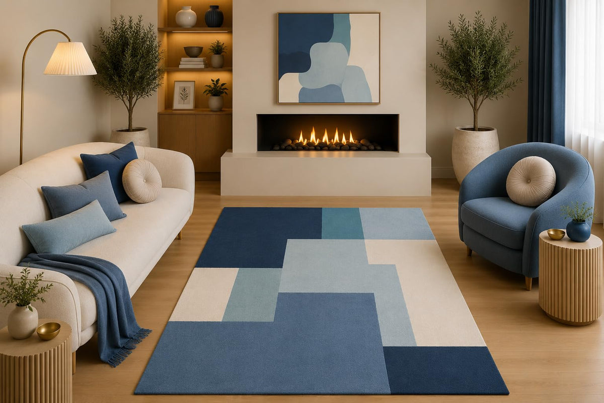 ICE ARMOR 5' x 7' Modern Geometric Area Rug Navy Blue Light Blue Beige Abstract Color Block Design for Living Room Bedroom Office Non-Slip Silicone Backing Low Pile