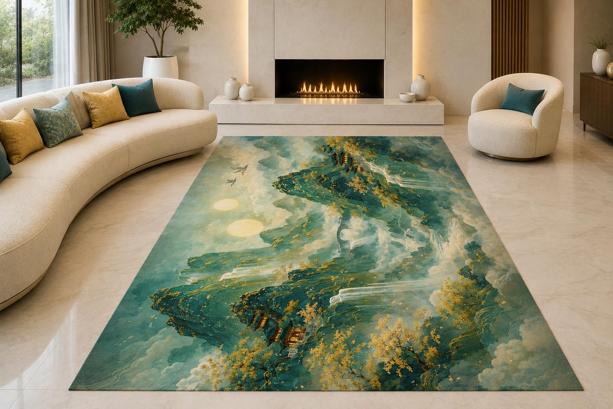 ICE ARMOR "Ultra Lightweight Large 6'7" x 9'10" Sky Temples Area Rug for Living Room, Bedroom and Home Office, Soft Low Pile Carpet with Non-Slip Silicone Backing, Teal and Golden Color