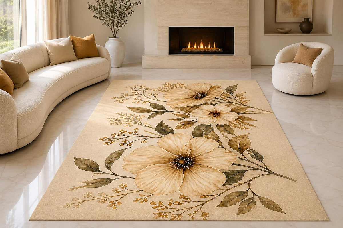 ICE ARMOR "Ultra Lightweight Large 6'7" x 9'10" Vintage Bloom Bouquet Area Rug for Living Room, Bedroom and Home Office, Soft Low Pile Carpet with Non-Slip Silicone Backing, Cream and Brown