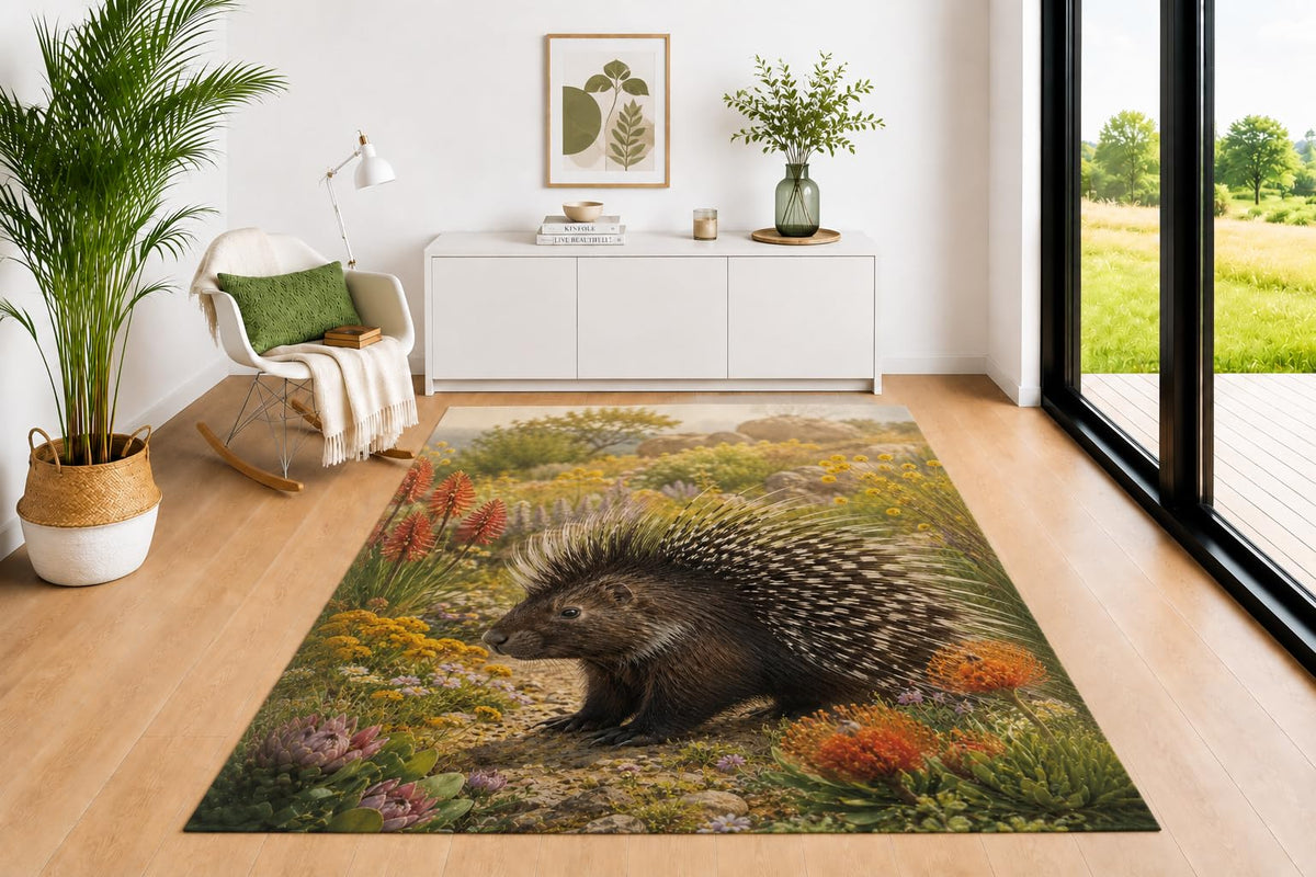 ICE ARMOR 5' x 7' Porcupine Wildlife Area Rug for Living Room, Soft Low Pile Indoor Rug with Non-Slip Silicone Backing, Decorative Carpet for Bedroom, Office, Kids & Pets, Brown