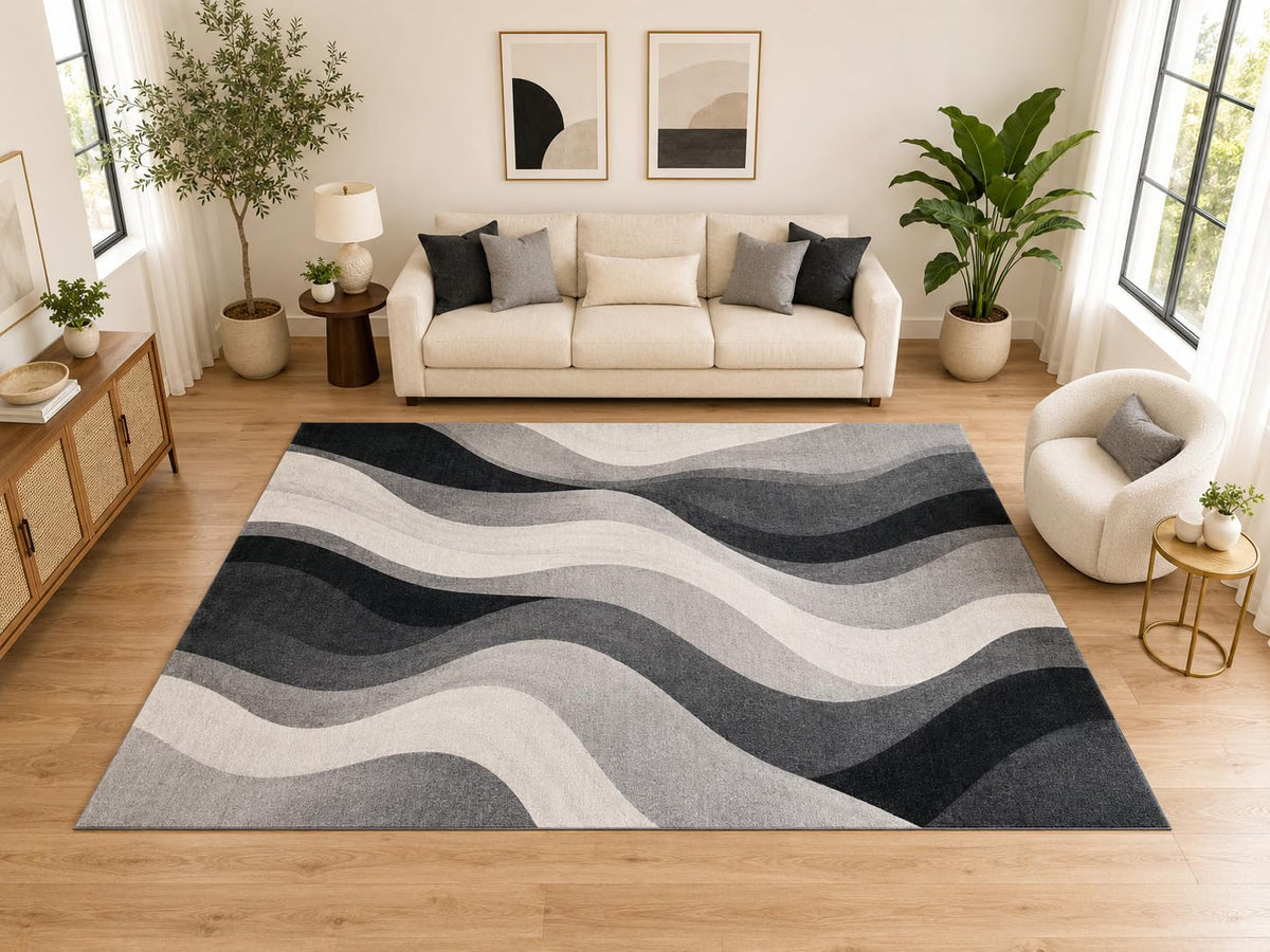 ICE ARMOR "Ultra Light Weight Large 6'7" x 9'10" Modern Wavy Stripe Area Rug, Soft Low Pile Indoor Rug and Non-Slip Silicone Backing for Living Room and Bedroom, Gray