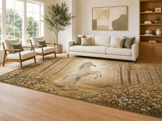 ICE ARMOR Large 6'7" x 9'10" Beige and Golden Color Meadow Horse Area Rug for Living Room, Soft Low Pile Carpet with Non-Slip Silicone Backing, Decor for Bedroom Dining Room and Home Office