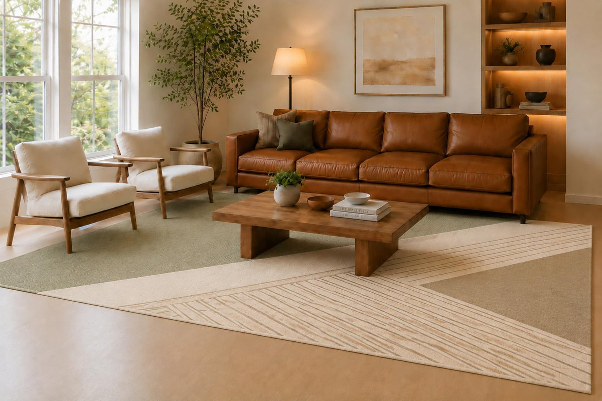 ICE ARMOR Large 6'7" x 9'10" Sage Green and Beige Triangle Line Area Rug for Living Room, Soft Low Pile Carpet with Non-Slip Silicone Backing, Floor Decor for Bedroom, Dining Area and Home Office