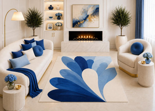 ICE ARMOR "Ultra Light Weight 5' x 7' Blue Ivory Abstract Floral Area Rug, Modern Oversized Petal Flower Design for Living Room Bedroom Dining Room, Non-Slip Silicone Backing Low Pile