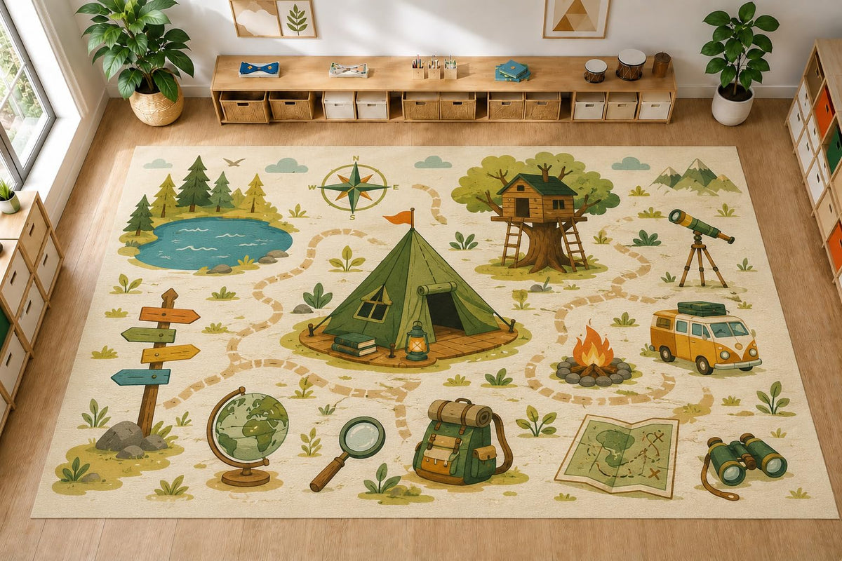 ICE ARMOR Large 6'7" x 9'10" Camping Adventure Area Rug, Soft Low Pile Indoor Rug with Non-Slip Silicone Backing for Kids Room Playroom, Beige