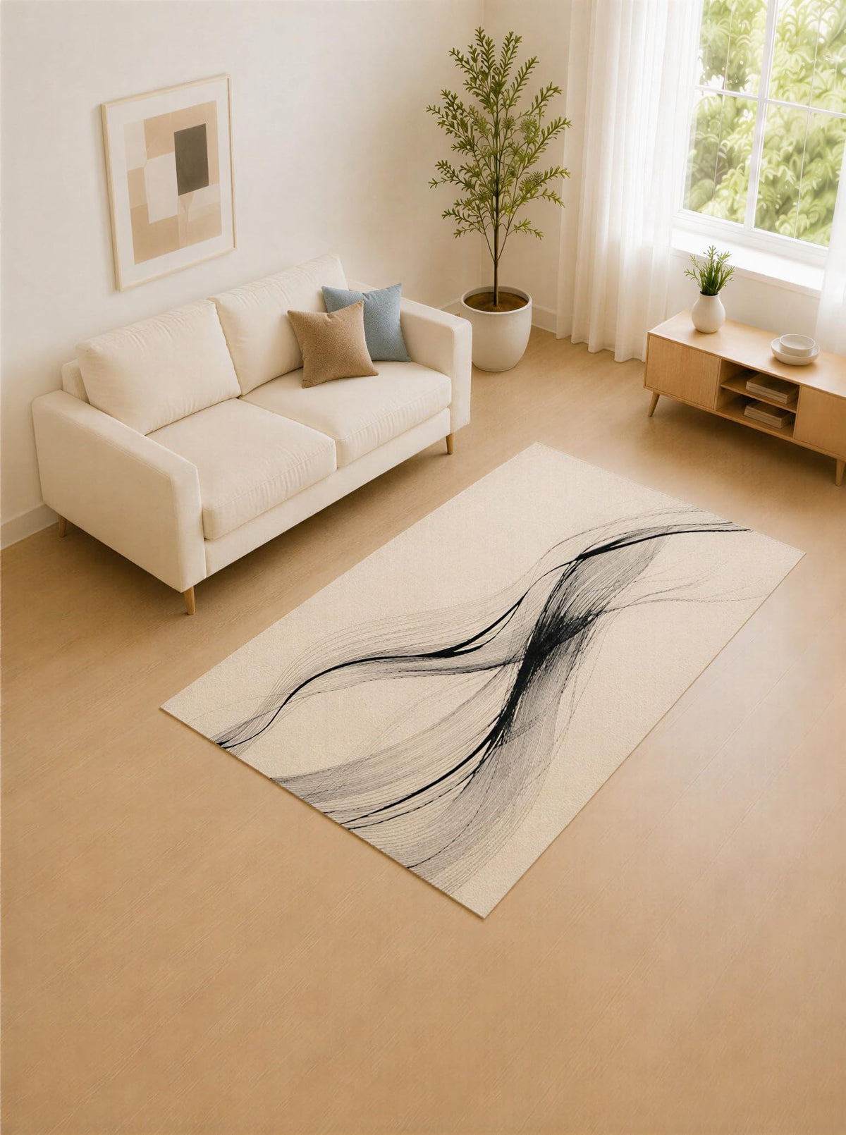 ICE ARMOR 5' x 7' Black and Ivory Flowing Lines Area Rug for Living Room, Soft Low Pile Carpet with Non-Slip Silicone Backing, Decor for Bedroom and Home Office