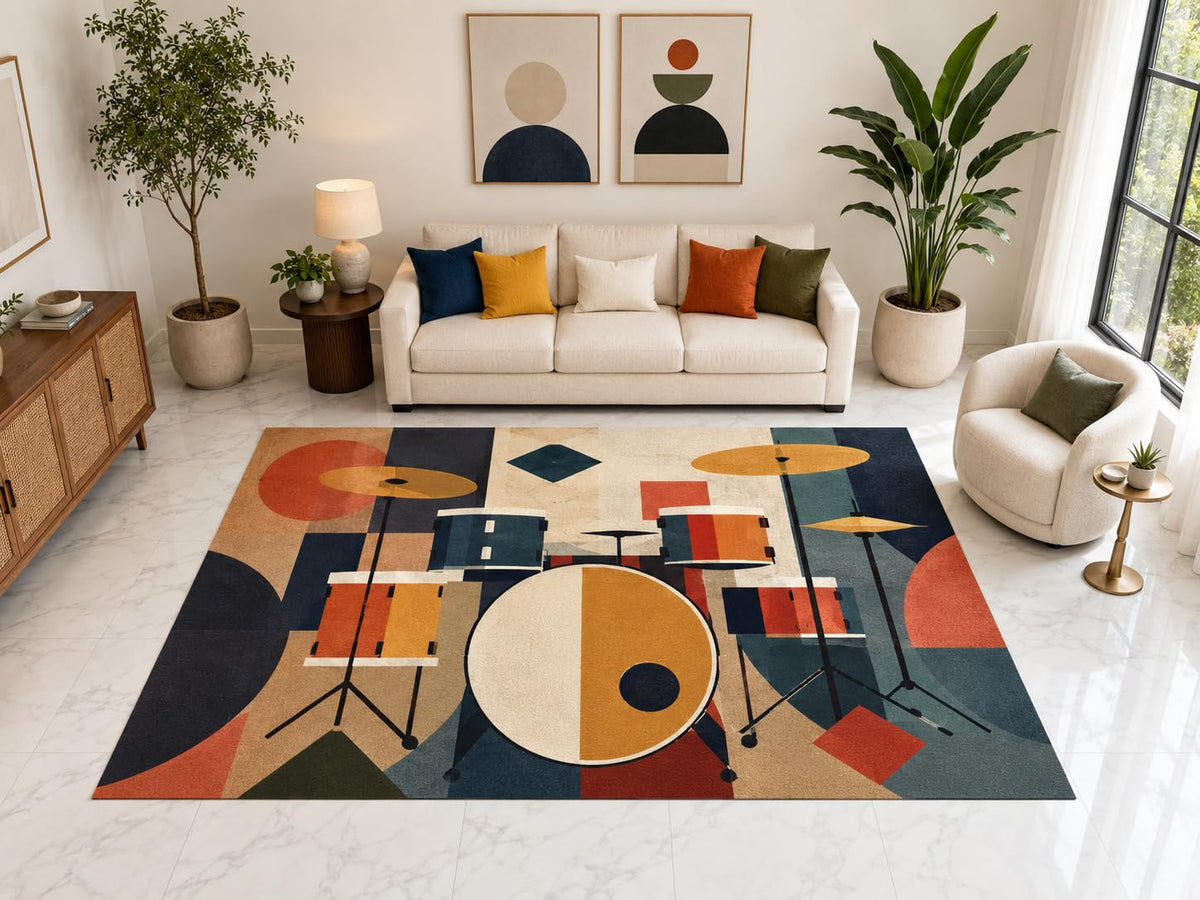 ICE ARMOR "Ultra Light Weight Large 6'7" x 9'10" Modern Drum Set Music Rug, Soft Low Pile Indoor Rug, Non-Slip Silicone Backing for Bedroom Orange