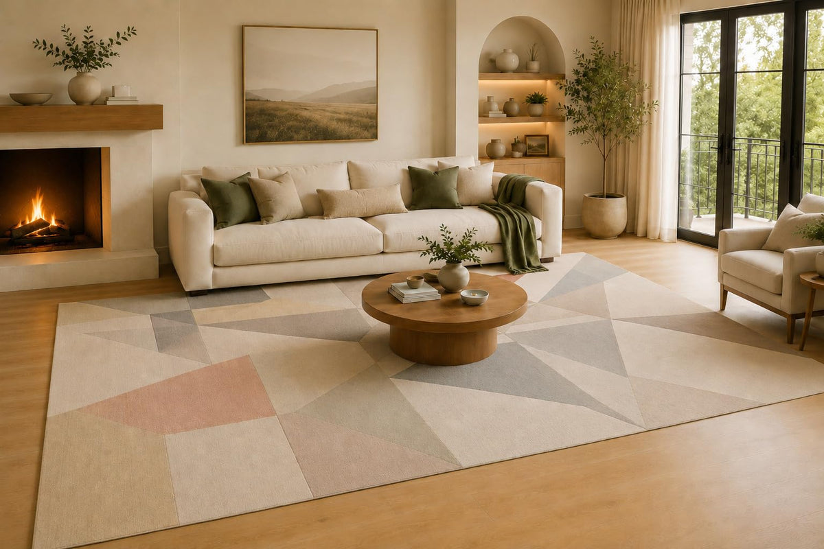 ICE ARMOR Large 6'7" x 9'10" Blush Pink, Taupe and Ivory Abstract Angular Mosaic Area Rug for Living Room, Soft Low Pile Carpet with Non-Slip Silicone Backing, Decor for Bedroom and Home Office