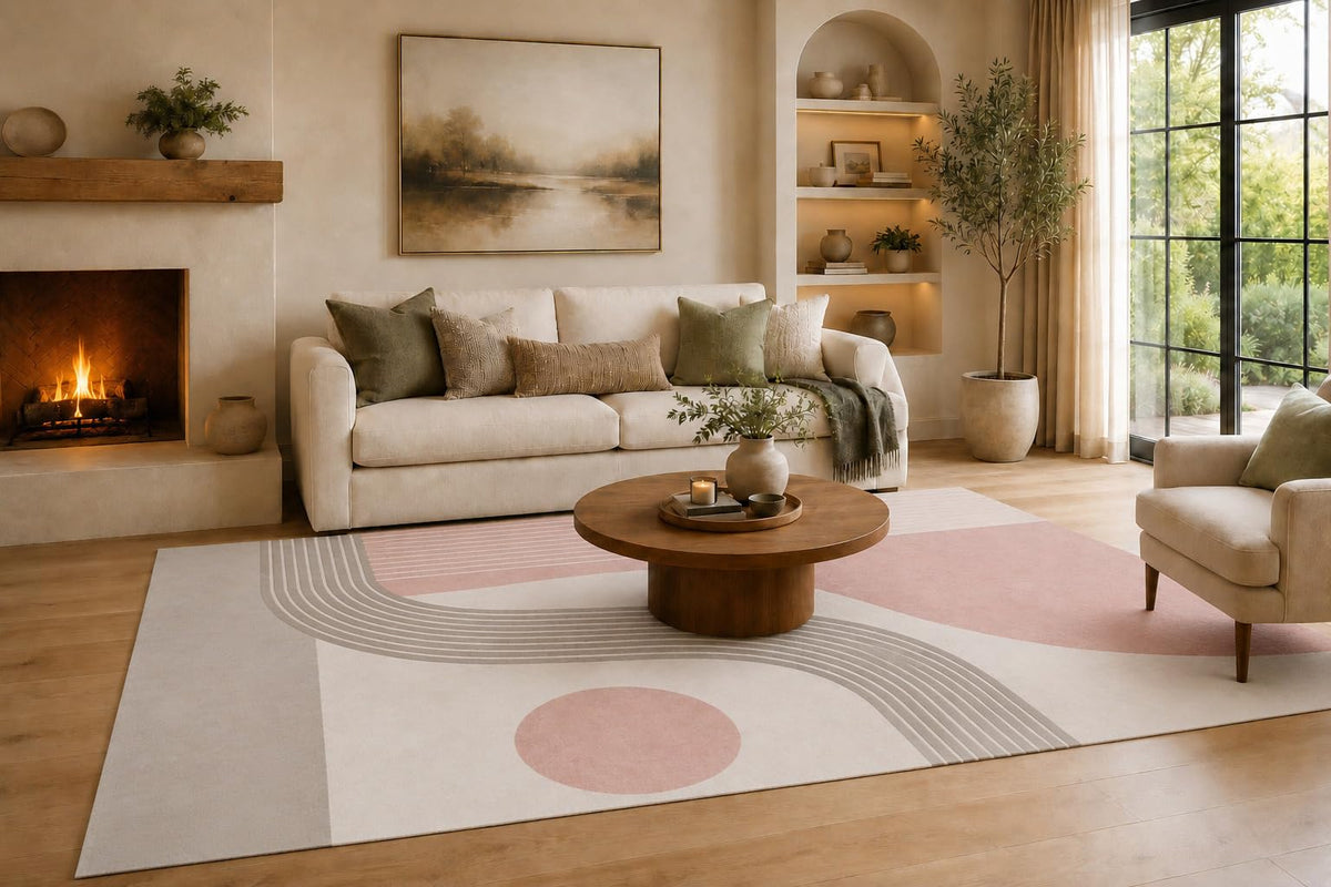 ICE ARMOR Large 6'7" x 9'10" Gray and Blush Pink Sweeping Bands Area Rug for Living Room, Soft Low Pile Carpet with Non-Slip Silicone Backing, Decor for Bedroom, Dining Area and Home Office