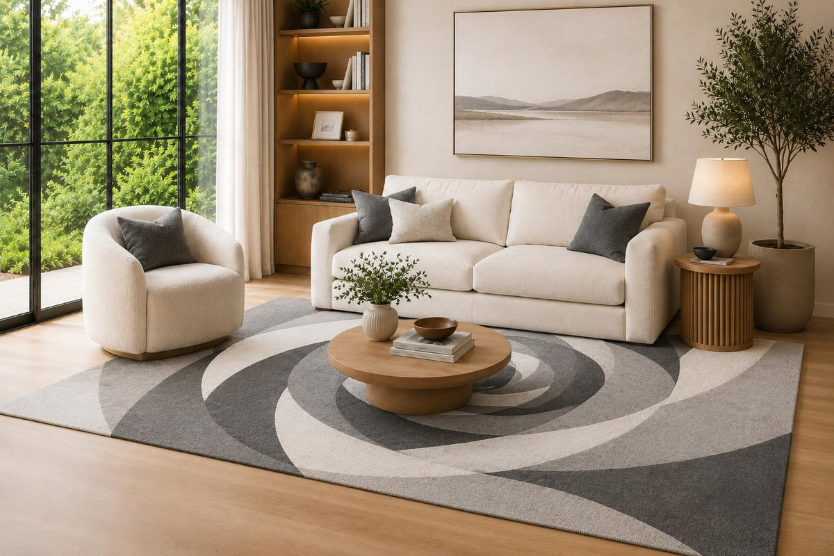 ICE ARMOR 6'7" x 9'10" Gray, Charcoal and Ivory Concentric Spiral Motion Area Rug for Living Room, Soft Low Pile Carpet with Non-Slip Backing, Floor Decor for Bedroom, Dining Room and Home Office
