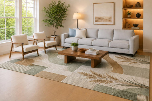ICE ARMOR Large 6'7" x 9'10" Sage Green, Beige and Cream Wheat Collage Area Rug for Living Room, Soft Low Pile Carpet with Non-Slip Silicone Backing, Decor for Bedroom, Dining Area and Home Office
