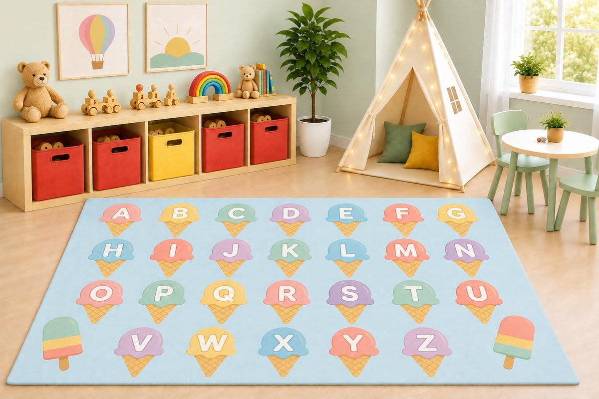 ICE ARMOR 5' x 7' Alphabet Ice Cream Area Rug, Educational ABC Learning Play Mat with Colorful Popsicles for Kids Bedroom Nursery Classroom, Non-Slip Silicone Backing Low Pile