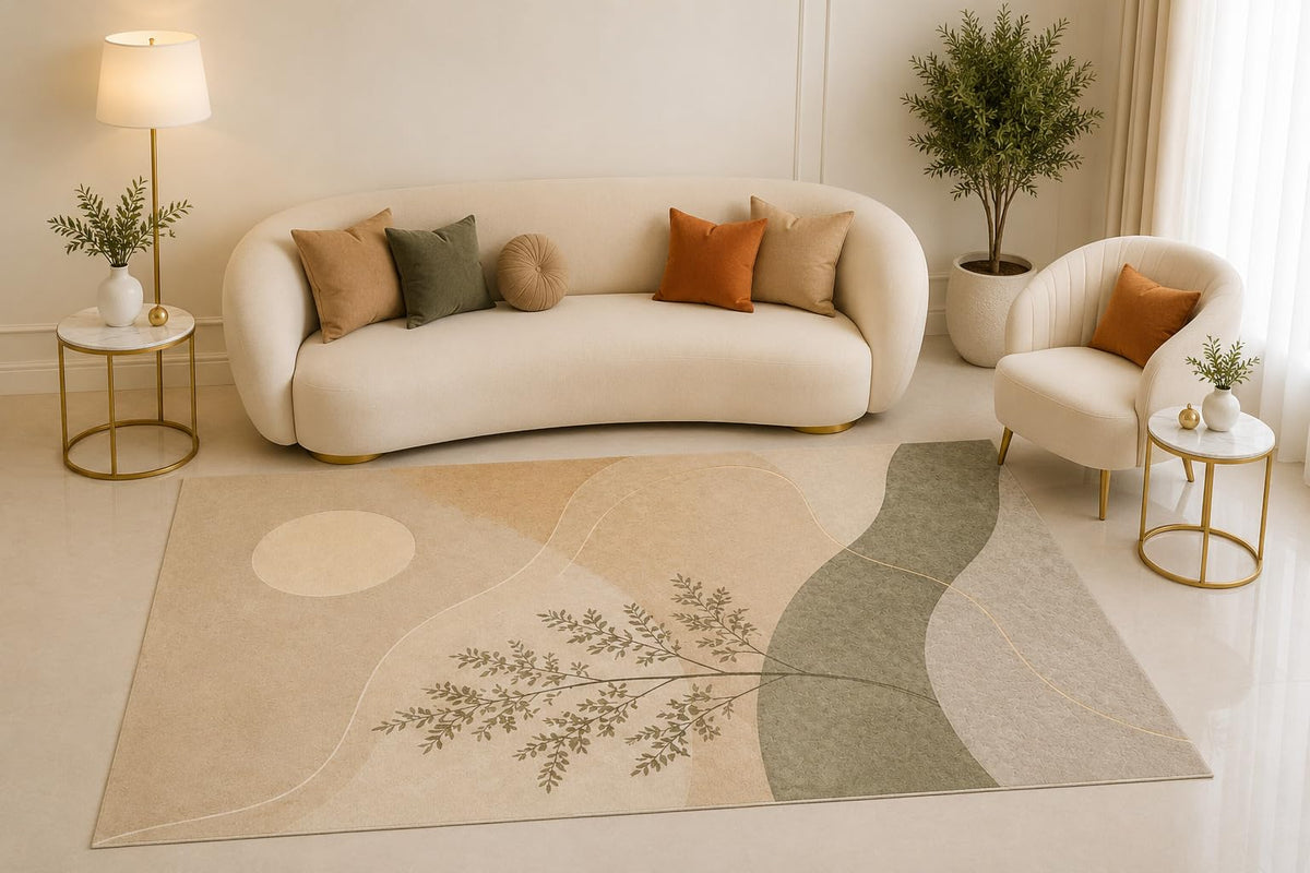 ICE ARMOR 5' x 7' Abstract Botanical Area Rug, Neutral Beige Sage Leaf Modern Nature Design for Living Room Bedroom Office Decor, Non-Slip Silicone Backing Low Pile
