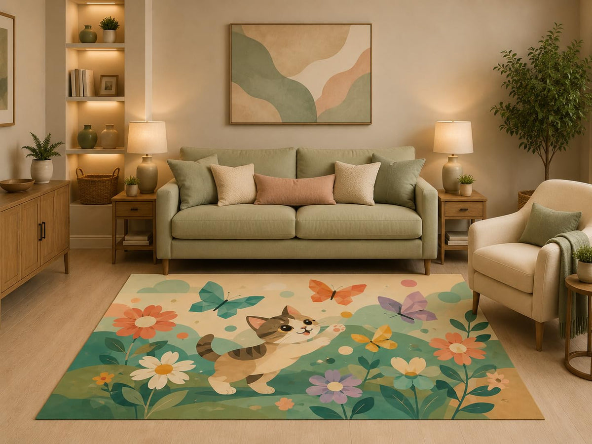 ICE ARMOR 5' x 7' Scandinavian Butterfly Cat Area Rug Cute Playful Kitten Wildflower Garden Nature Design for Living Room Bedroom Nursery Playroom Non-Slip Silicone Backing Low Pile