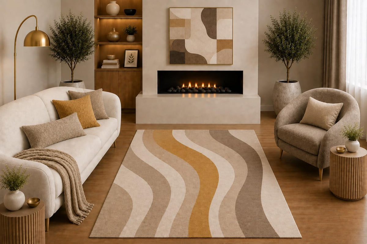 ICE ARMOR "Ultra Light Weight 5' x 7' Modern Abstract Area Rug Beige Taupe Mustard Wavy Stripe Minimalist Design for Living Room Bedroom Dining Room Office Non-Slip Silicone Backing Low Pile