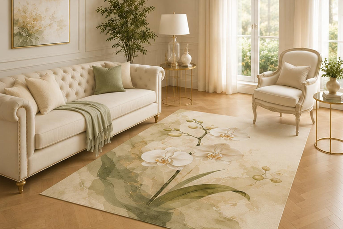 ICE ARMOR 5' x 7' White Orchid Botanical Area Rug for Living Room, Soft Low Pile Indoor Carpet with Non-Slip Backing for Bedroom, Dining Room, Office, Beige