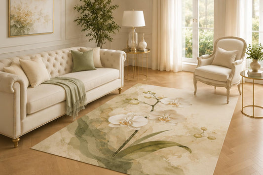 ICE ARMOR 5' x 7' White Orchid Botanical Area Rug for Living Room, Soft Low Pile Indoor Carpet with Non-Slip Backing for Bedroom, Dining Room, Office, Beige