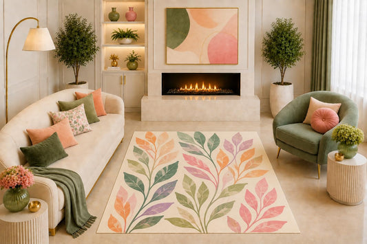 ICE ARMOR "Ultra Light Weight 5' x 7' Pastel Botanical Leaf Area Rug Watercolor Branch Art Decor for Living Room Bedroom Nursery Office Entryway Non-Slip Silicone Backing Low Pile