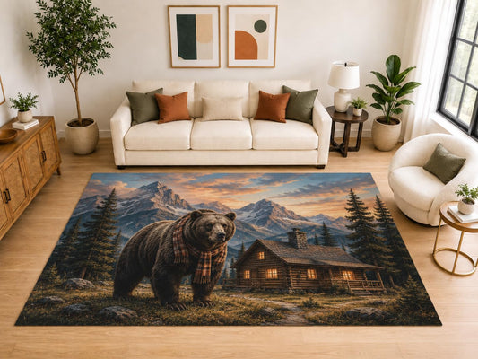ICE ARMOR "Ultra Light Weight Large 6'7" x 9'10" Bear Mountain Cabin Area Rug, Soft Low Pile Indoor Rug, Non-Slip Silicone Backing, Bedroom, Brown