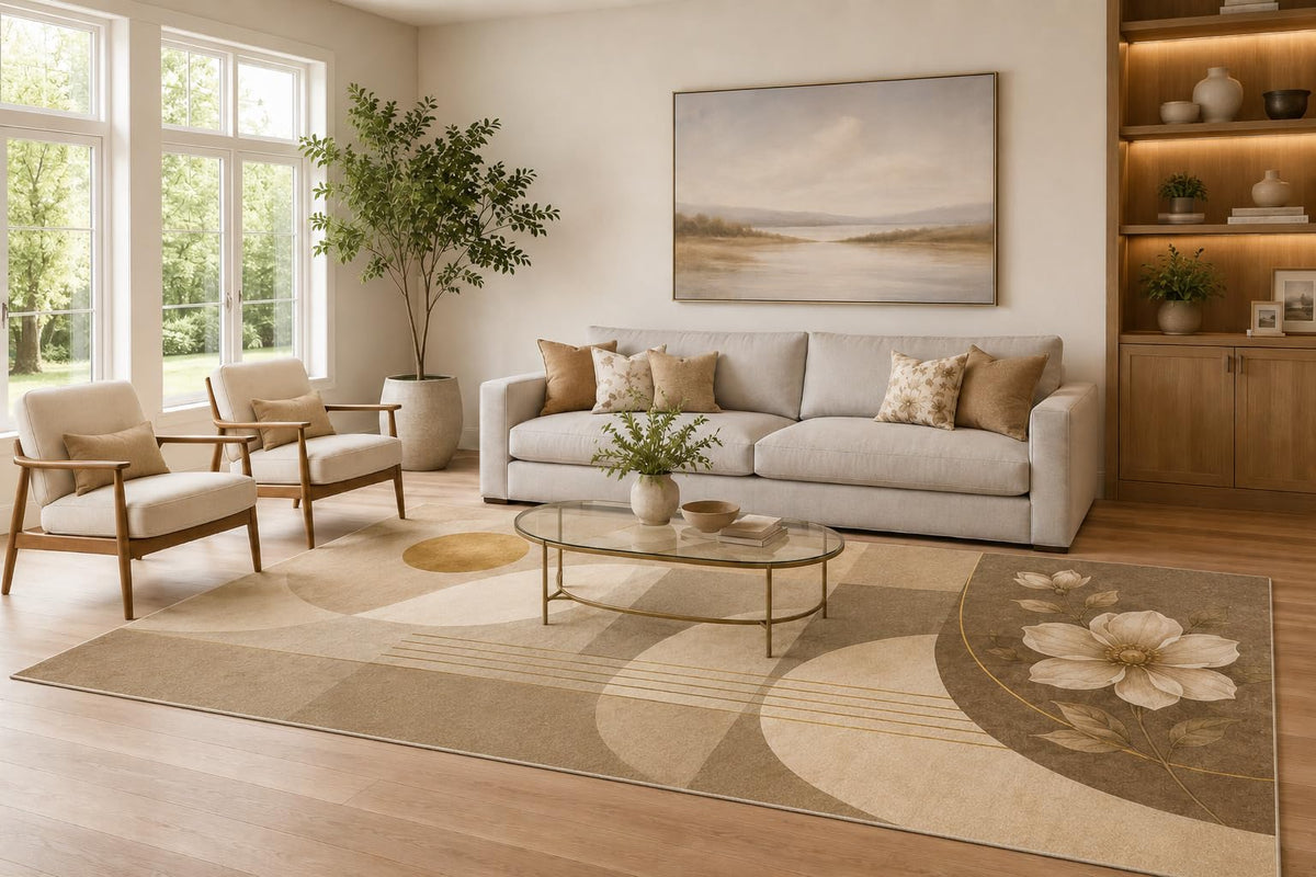 ICE ARMOR Large 6'7" x 9'10" Taupe and Cream Geometric Floral Accent Area Rug for Living Room, Soft Low Pile Carpet with Non-Slip Silicone Backing, Decor for Bedroom and Home Office