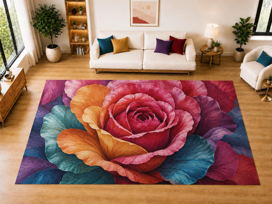 ICE ARMOR "Ultra Light Weight Large 6'7" x 9'10" Rose Blossom Area Rug for Living Room Bedroom Dining Room, Soft Low Pile Non-Slip Backing, Pink Orange Teal Purple Floral Decor