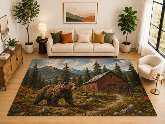 ICE ARMOR "Ultra Light Weight Large 6'7" x 9'10" Bear Barn Forest Rug for Family Room, Soft Low Pile Indoor Rug and Non-Slip Silicone Backing, Brown