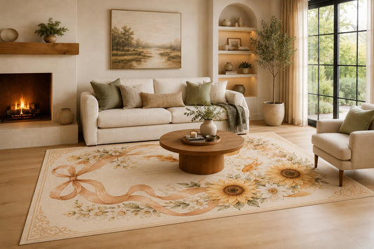 ICE Armor Large 6'7" x 9'10" Golden Color and Cream Sunflower Ribbon Koi Area Rug for Living Room, Soft Low Pile Carpet with Non-Slip Silicone Backing, Decor for Bedroom, Dining Area and Home Office