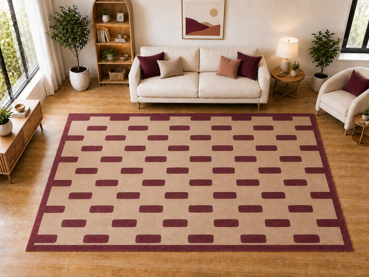 ICE ARMOR "Ultra Light Weight Large 6'7 x 9'10 Burgundy Dash Pattern Area Rug for Living Room Bedroom Dining Room Soft Low Pile Indoor Carpet Modern Geometric Floor Decor