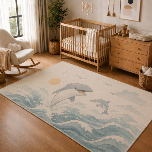 ICE ARMOR 5' x 7' Happy Dolphin Ocean Waves Area Rug, Soft Low Pile Indoor Rug with Non-Slip Silicone Backing, Coastal Nursery Carpet for Kids Room, Playroom, Kids and Pets, Blue White