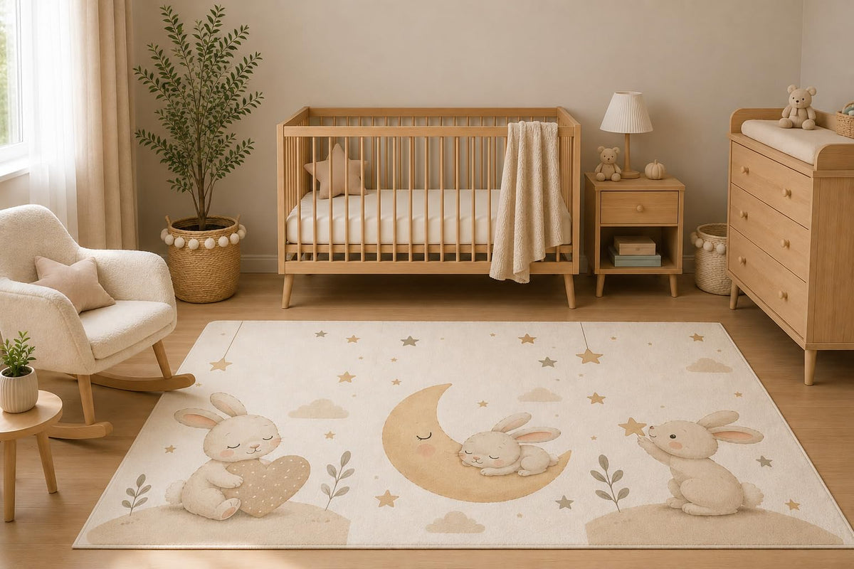 ICE ARMOR 5' x 7' Sleeping Bunny Moon Nursery Area Rug, Neutral Beige Rabbit Stars Kids Bedroom Playroom Decor, Non-Slip Silicone Backing Low Pile Carpet