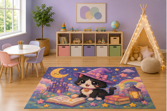 ICE ARMOR 5' x 7' Cute Witch Cat Kids Area Rug, Kawaii Black Kitten Magic Book Castle Moon Stars Fantasy Playroom Nursery Bedroom Decor, Non-Slip Silicone Backing Low Pile
