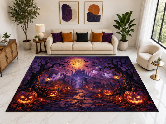 ICE ARMOR "Ultra Light Weight Large 6'7" x 9'10" Haunted Forest Rug, Soft Low Pile Indoor Rug, Non-Slip Silicone Backing for Living Room Purple