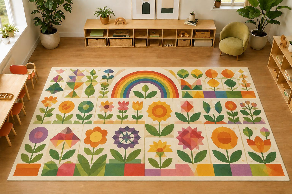 ICE ARMOR Large 6'7" x 9'10" Rainbow Flower Garden Area Rug, Soft Low Pile Indoor Rug with Non-Slip Silicone Backing for Nursery, Kids Room, Ivory