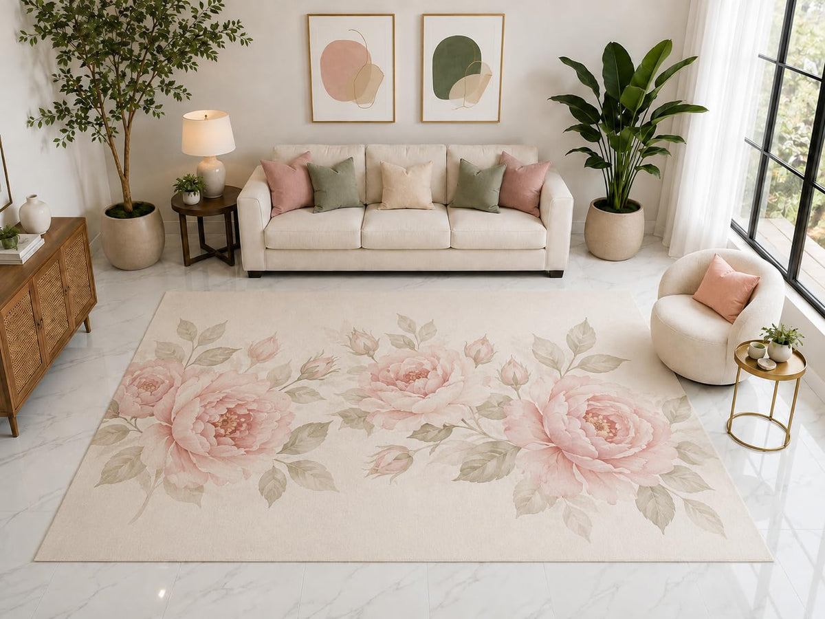 ICE ARMOR "Ultra Light Weight Large 6'7" x 9'10" Pink Peony Floral Rug, Soft Low Pile Indoor Rug, Non-Slip Silicone Backing for Living Room Pink Cream