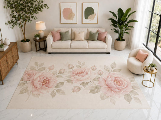 ICE ARMOR "Ultra Light Weight Large 6'7" x 9'10" Pink Peony Floral Rug, Soft Low Pile Indoor Rug, Non-Slip Silicone Backing for Living Room Pink Cream