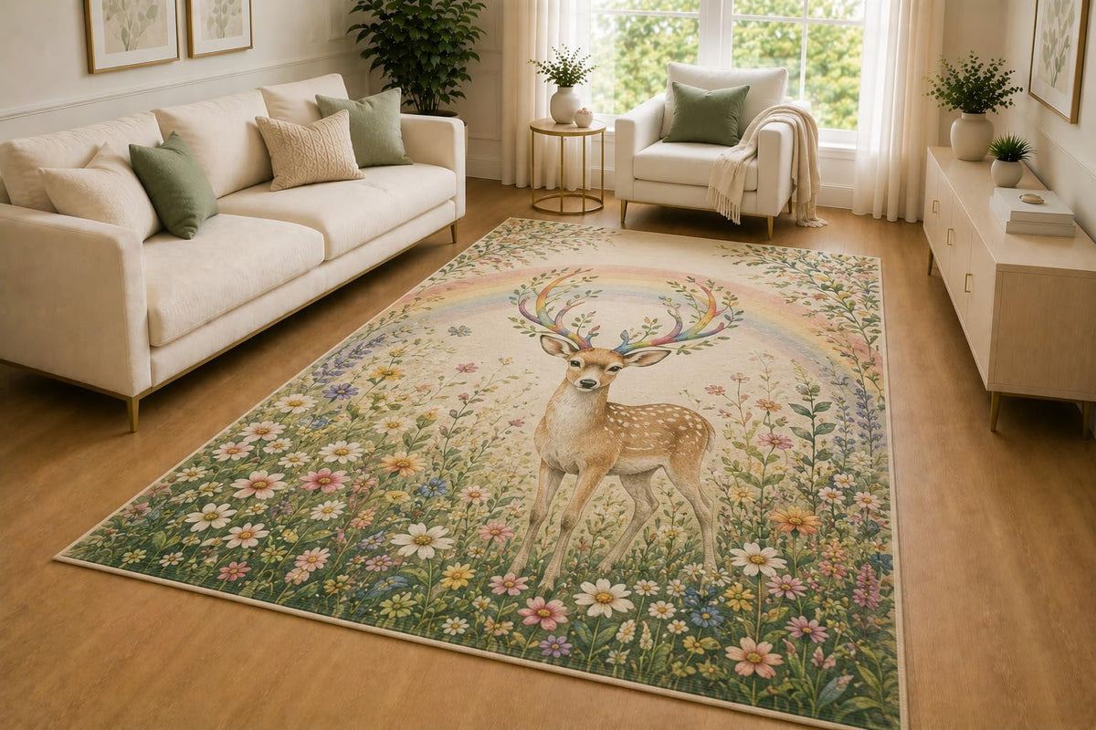 ICE ARMOR 5' x 7' Rainbow Deer Wildflower Meadow Area Rug for Living Room, Soft Low Pile Indoor Rug with Non-Slip Silicone Backing, Nature Carpet for Bedroom, Office, Family Room, Beige Green