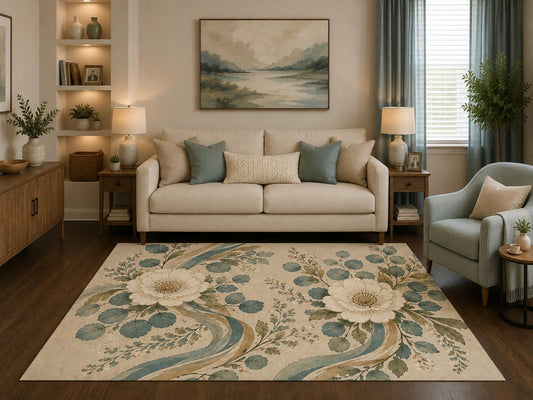 ICE ARMOR 5' x 7' Vintage Botanical Floral Area Rug Classic Garden Flower Scroll Blue Beige Living Room Bedroom Dining Room Decor Non-Slip Silicone Backing Low Pile
