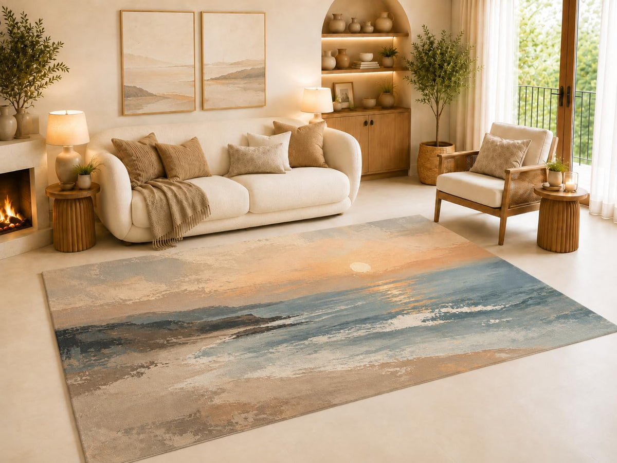 ICE ARMOR 6'7" x 9'10" Coastal Sunset Ocean Area Rug for Living Room, Soft Low Pile Carpet with Non-Slip Silicone Backing, for Bedroom, Dining Area and Office, Blue, Graceful Interior Accent