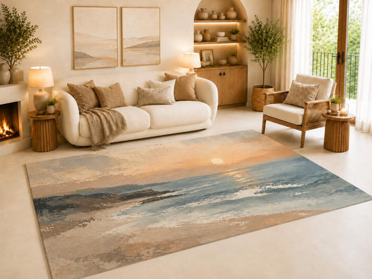 ICE ARMOR 6'7" x 9'10" Coastal Sunset Ocean Area Rug for Living Room, Soft Low Pile Carpet with Non-Slip Silicone Backing, for Bedroom, Dining Area and Office, Blue, Graceful Interior Accent