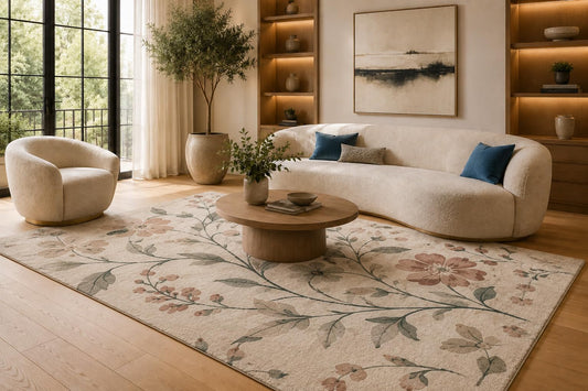 ICE ARMOR 6'7" x 9'10" Pink and Sage Green Floral Vine Area Rug for Living Room, Soft Low Pile Carpet with Non-Slip Silicone Backing, Floor Decor for Bedroom, Dining Area and Home Office