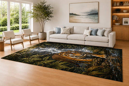 ICE ARMOR Large 6'7" x 9'10" Black and Brown Jungle Tiger Area Rug for Living Room, Soft Low Pile Carpet with Non-Slip Silicone Backing, Decor for Bedroom and Home Office