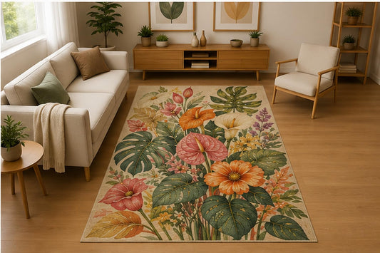 ICE ARMOR 5' x 7' Botanical Flower Garden Area Rug Soft Low Pile Indoor Rug with Non Slip Silicone Backing Floral Nature Decor Carpet for Living Room Bedroom Dining Room Family Room Multicolor