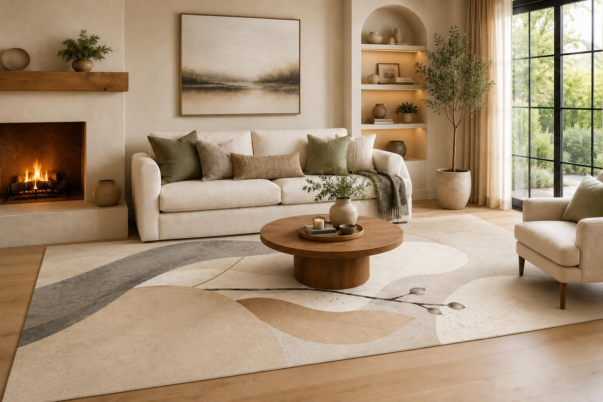 ICE ARMOR 6'7" x 9'10" Ivory Beige and Gray Abstract Area Rug with Sweeping Curves and Delicate Botanical Stem, Soft Low Pile Non-Slip Indoor Carpet for Living Room and Bedroom