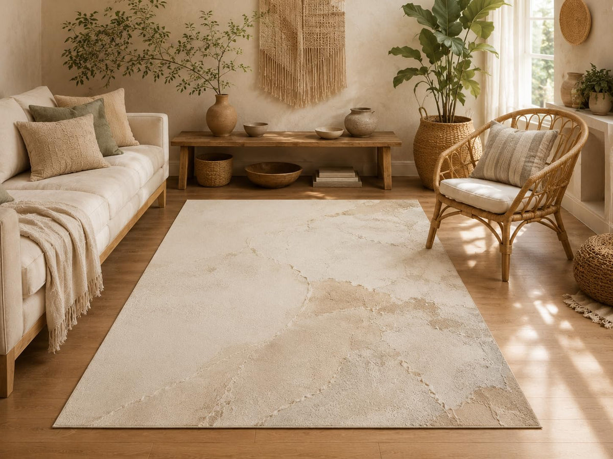 ICE ARMOR 5' x 7' Natural Stone Texture Area Rug, Soft Low Pile Indoor Rug with Non-Slip Silicone Backing for Living Room, Bedroom, Dining Room, Office, Cream