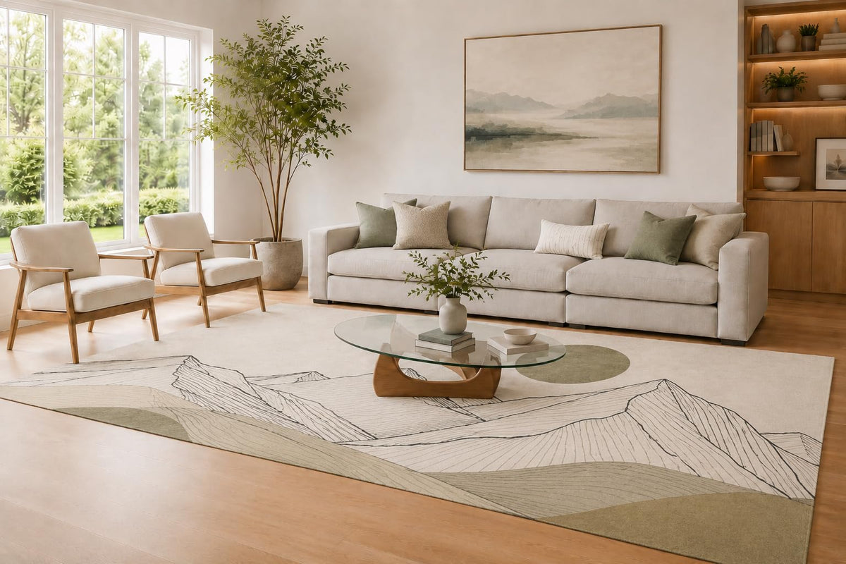 ICE ARMOR Large 6'7" x 9'10" Sage Green and Cream Mountain Lines Area Rug for Living Room, Soft Low Pile Carpet with Non-Slip Silicone Backing, Decor for Bedroom and Home Office