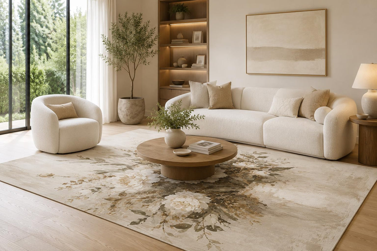 ICE ARMOR 6'7" x 9'10" Ivory, Beige and Taupe Neutral Floral Bouquet Area Rug for Living Room, Soft Low Pile Carpet with Non-Slip Backing for Bedroom, Dining Room and Home Office