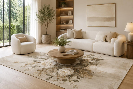 ICE ARMOR 6'7" x 9'10" Ivory, Beige and Taupe Neutral Floral Bouquet Area Rug for Living Room, Soft Low Pile Carpet with Non-Slip Backing for Bedroom, Dining Room and Home Office