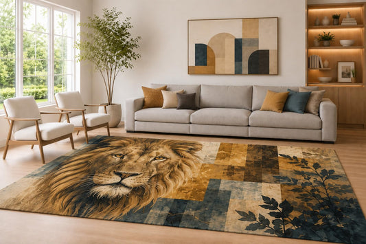 ICE ARMOR Large 6'7" x 9'10" Brown and Blue Lion Face Area Rug for Living Room, Soft Low Pile Carpet with Non-Slip Silicone Backing, Decor for Bedroom Dining Room and Home Office